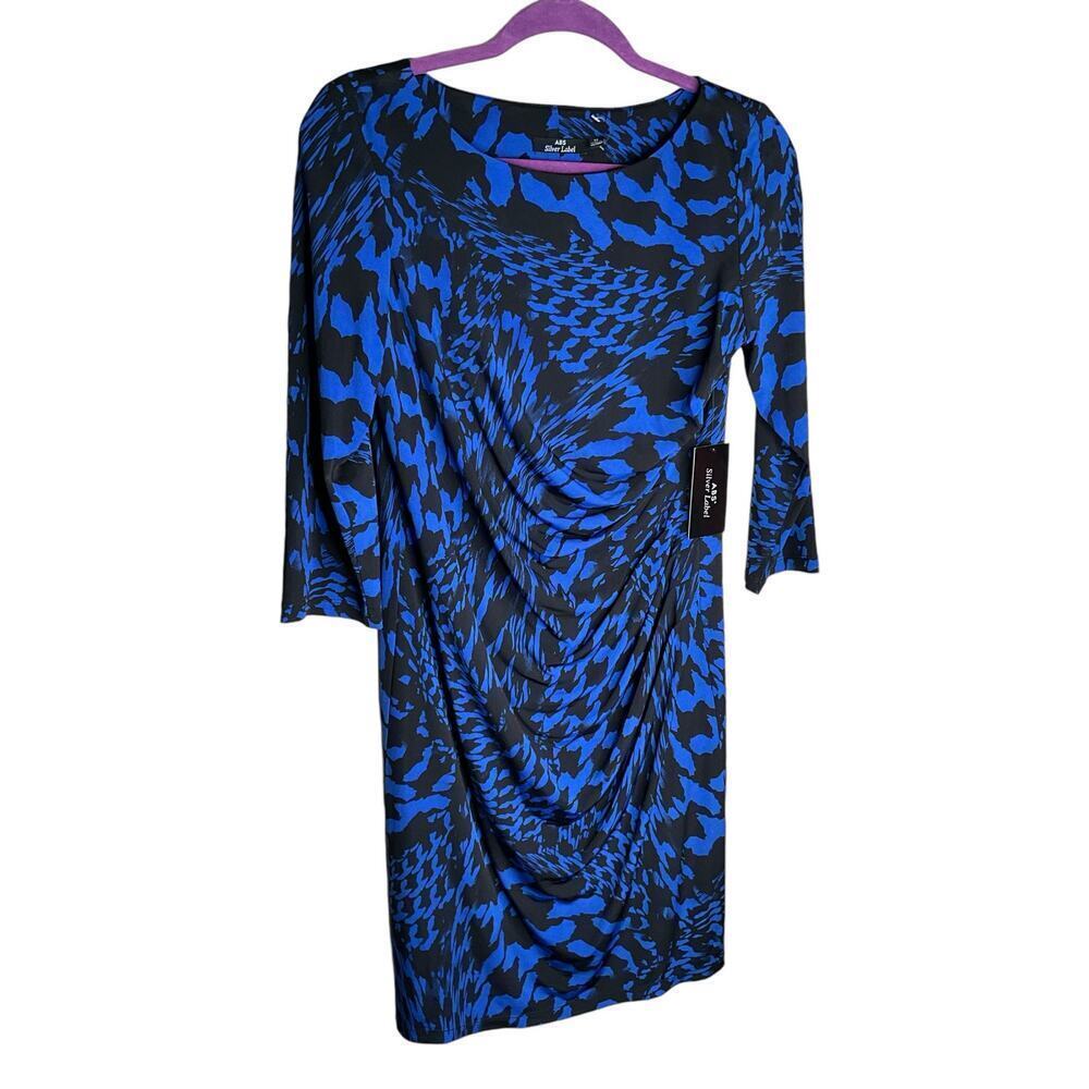 ABS Silver Label‎ 3/4 Sleeve Dress Ruched Side Crew Neck Blue Womens Medium NWT